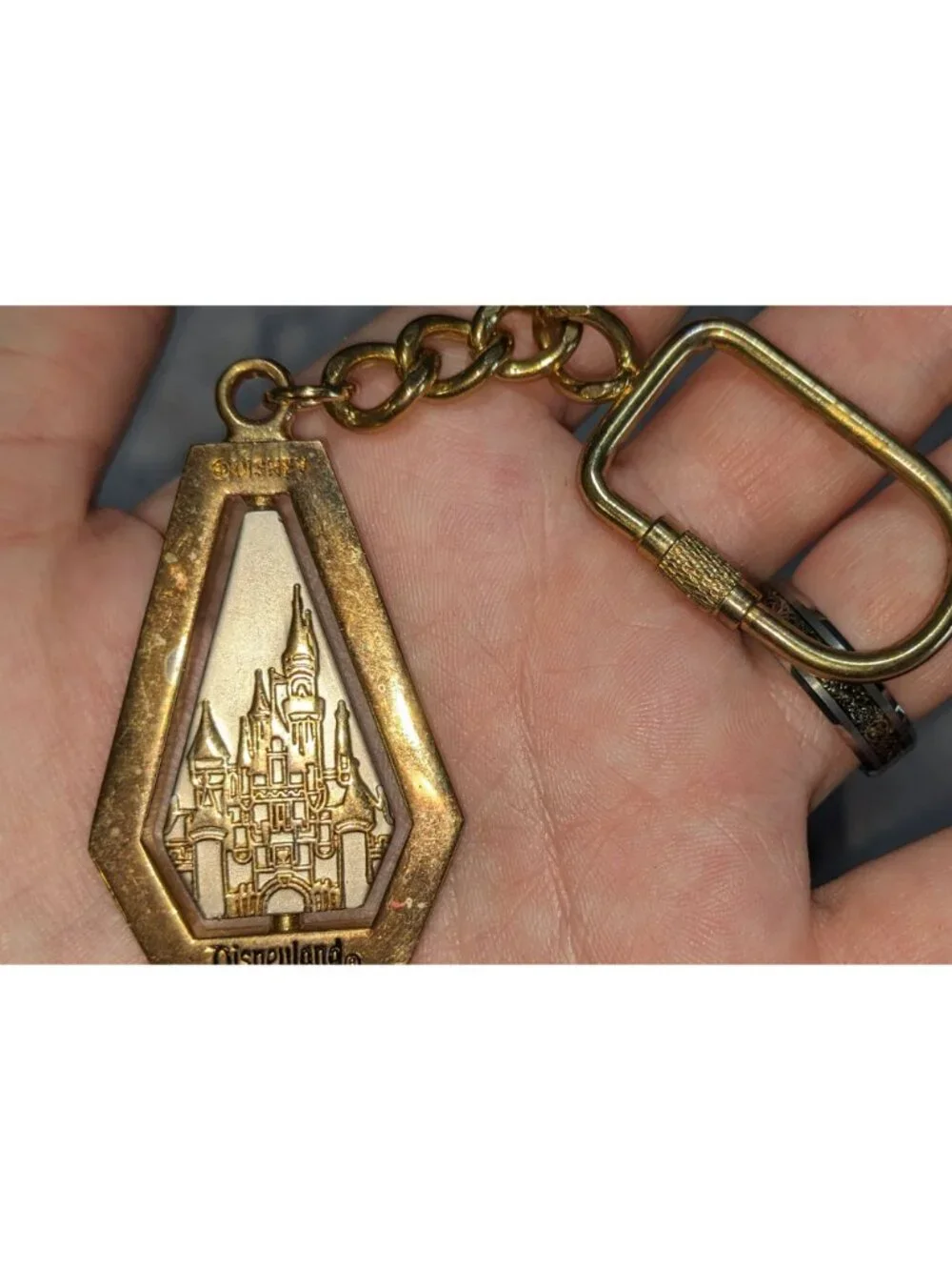 Y2K Disney Disneyland Tinker Bell Spinning Castle Gold Tone Keychain